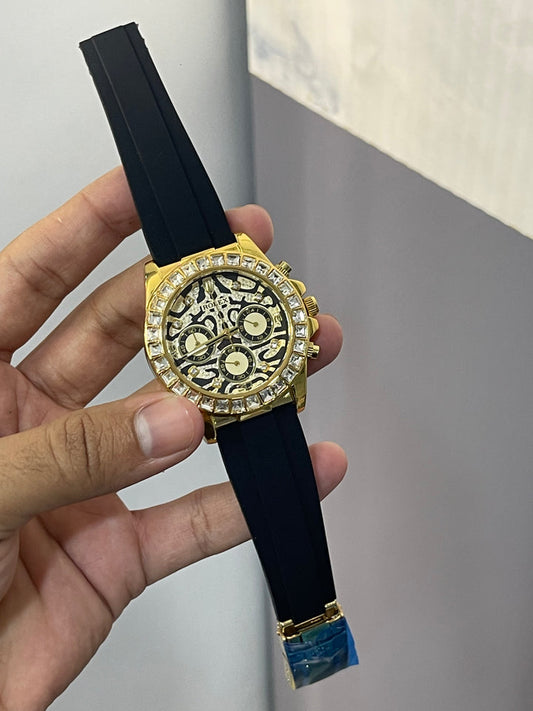 Pakezaa Daytona Men’s tiger Watch  – Diamond Bezel & Black Rubber Strap with Skeleton Dial