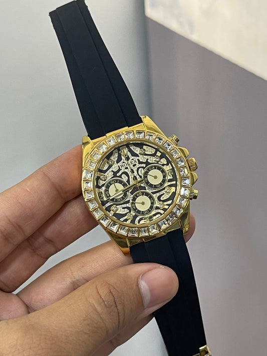 Pakezaa Daytona Men’s tiger Watch  – Diamond Bezel & Black Rubber Strap with Skeleton Dial