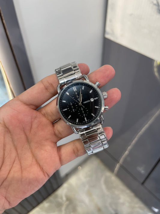 Fossil Stylish Silver Chronograph Watch with Black Dial - Elegant & Modern