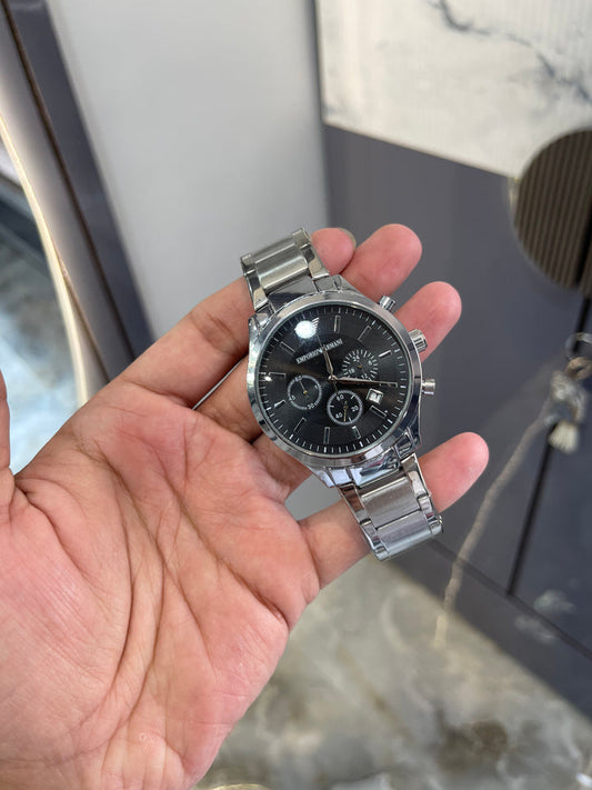 Emporio Armani Elegant Silver Chronograph Watch with Black Dial & Subdials - Classic & Refined