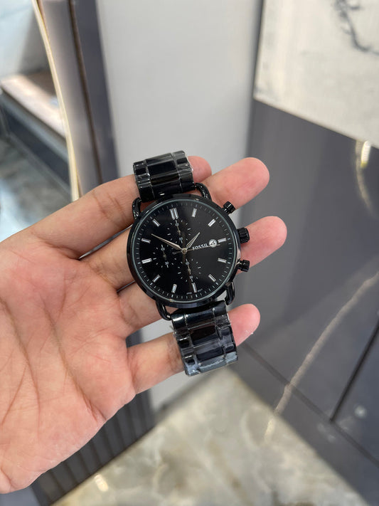 Fossill Bold Black Chronograph Watch with Polished Bracelet - Modern & Stylish